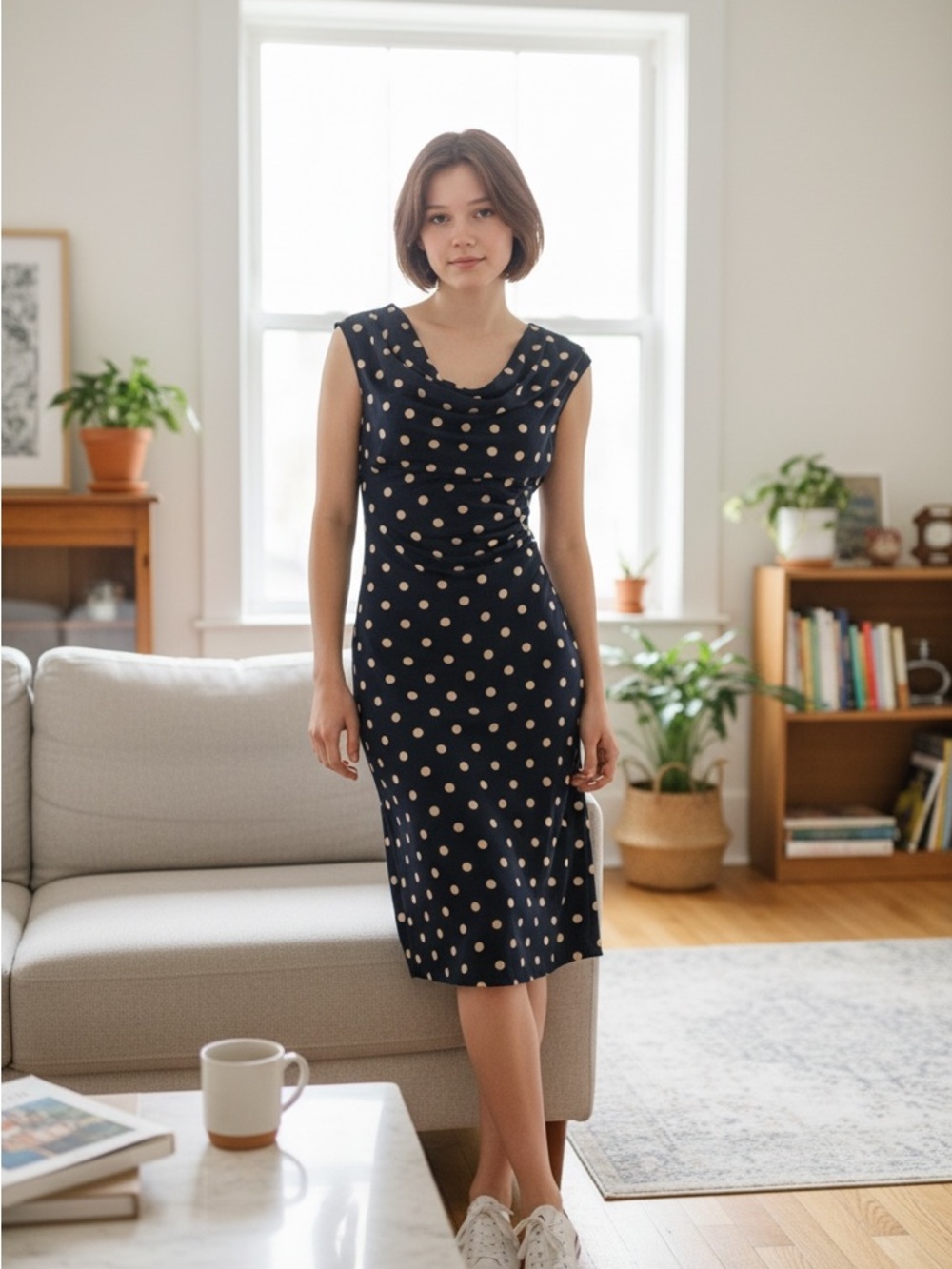 Connected Apparel Black with Tan Dots Sheath Sleeveless Stretch Dress Sz 8 NWT